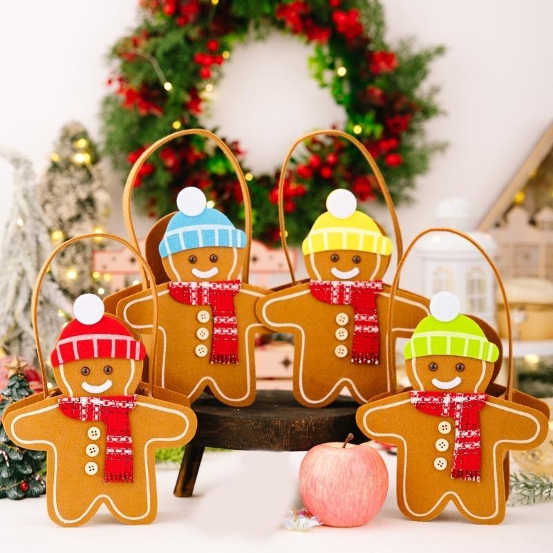 652F Holiday Themed Reversible Handheld Bag Gingerbreads Designs Multipurpose Storage For Christmas Gifts Candy Decorations