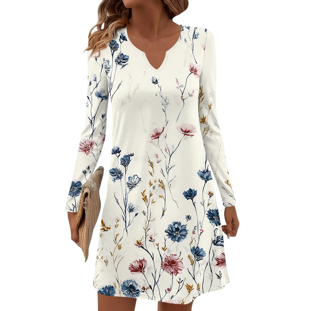 Abiti Midi Casual a Maniche Lunghe da Donna con Stampa Scollo a V Abito Casual