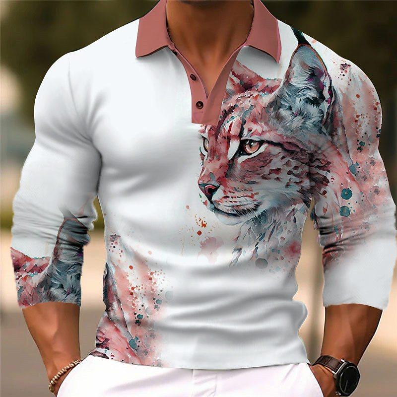 Men's Long Sleeve Polo Shirt with Tiger Print, Stylish Casual Top