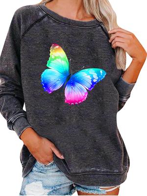 Moletom Oversized Feminino Moda Estampa de Borboleta Top Feminino Moletom Primavera/Outono