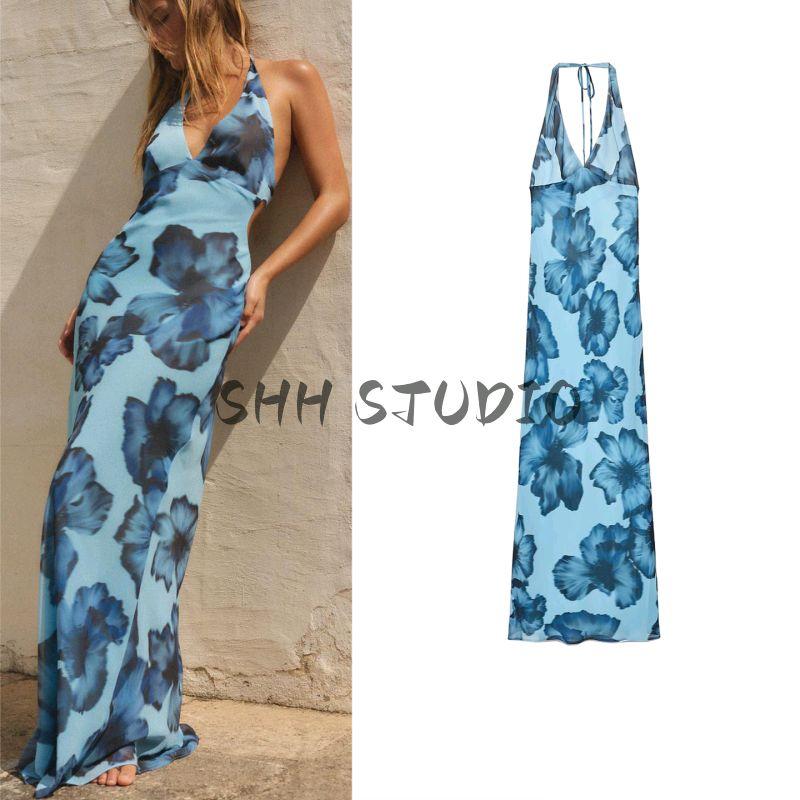 Summer Women's Clothing French Open Back Design Bowknot Decoration Hanging Collar Print Long Dress 3324309