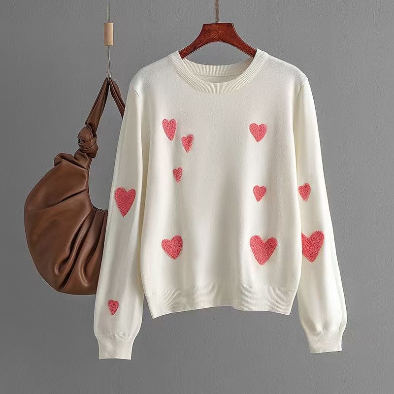 

Fashion Heart Flocking Embroidered Crew Neck Long Sleeves Knitting Sweater Knitted Heart-Shaped Sweater Apricot color One size