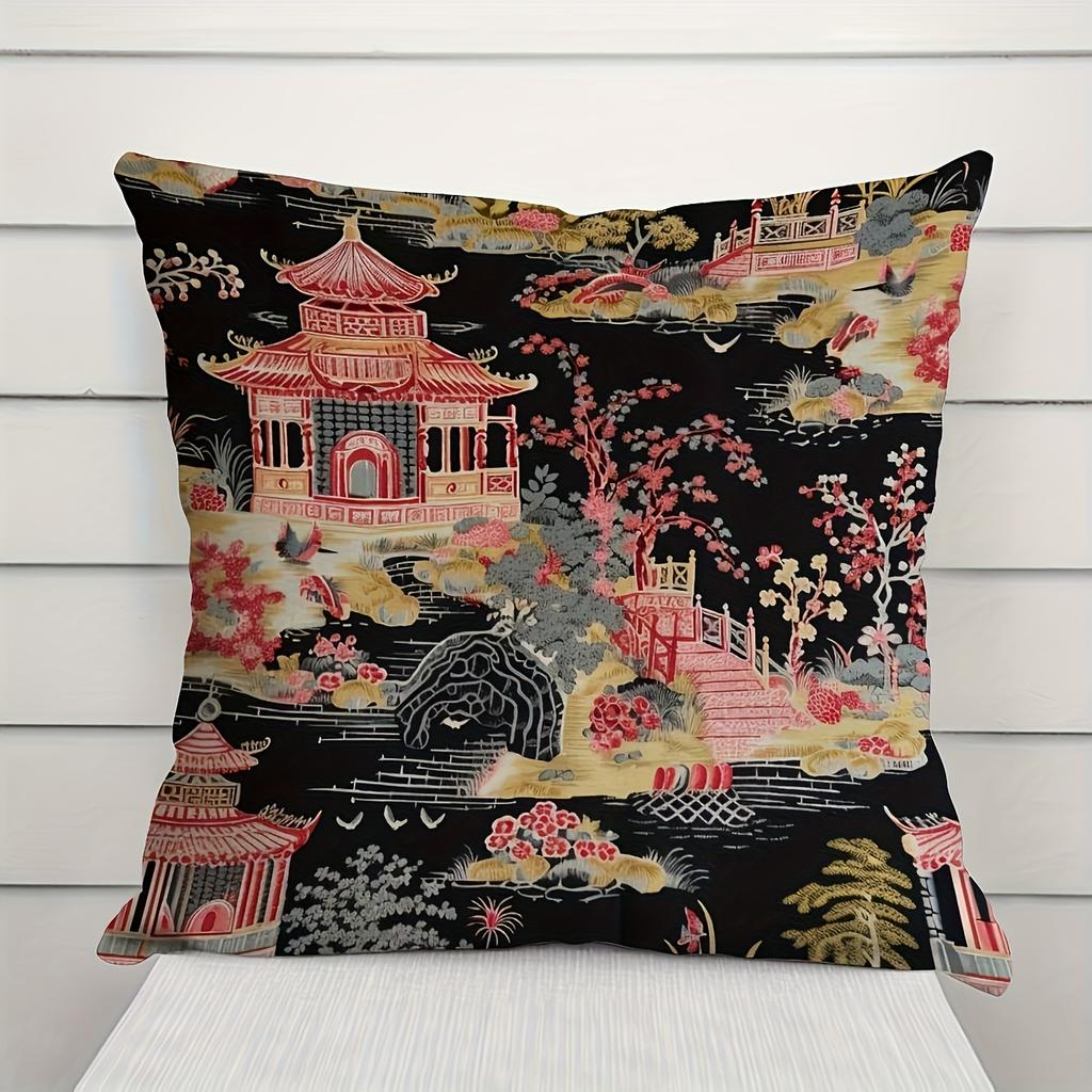 1pc Vibrant Chinese-Style Throw Pillow Cover, 45.72x45.72 cm - Carbon Gray Coral Pattern with Pagoda & Cherry Blossoms, Zipper Closure, Machine Washab