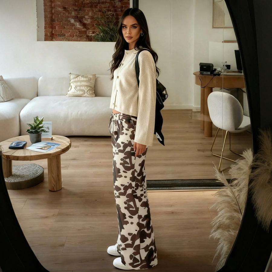Cow Print Floral Jeans Women's Y2K Streetwear Distressed Straight Leg Loose Long Pants