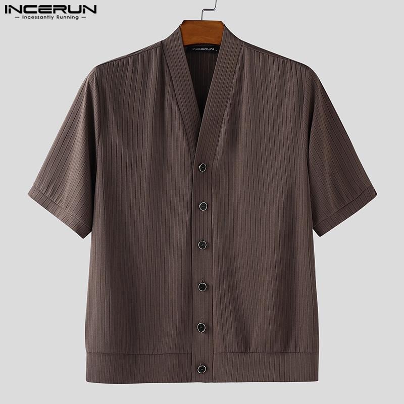 INCERUN Men Shirts Casual Collarless Short Sleeve Buttons Up Tops