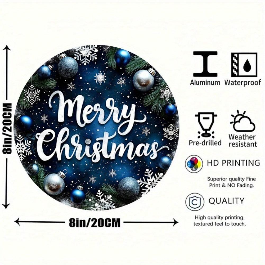 

Christmas Aluminum Sign Round 8 Inch Blue Silver Ornaments Wreath Wall Art for Home Holiday Decor Kitchen Office Gift 20x20