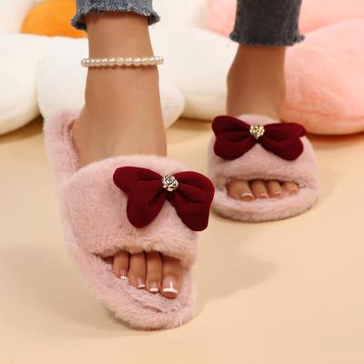Mode Süße Schleife Fellige Indoor Rosa Hausschuhe Damen 2025 Winter Weiche Dicke Sohle Rutschfest Home Slides Warm Kurzer Plüsch Hausschuhe