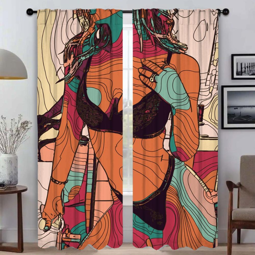 Set Of 2 Anti Mosquito Curtains Abstract Sexy Girl Camera Window Curtain Tulle Bedroom Blinds Kitchen Light Blocking Polyester Ideal For Master
