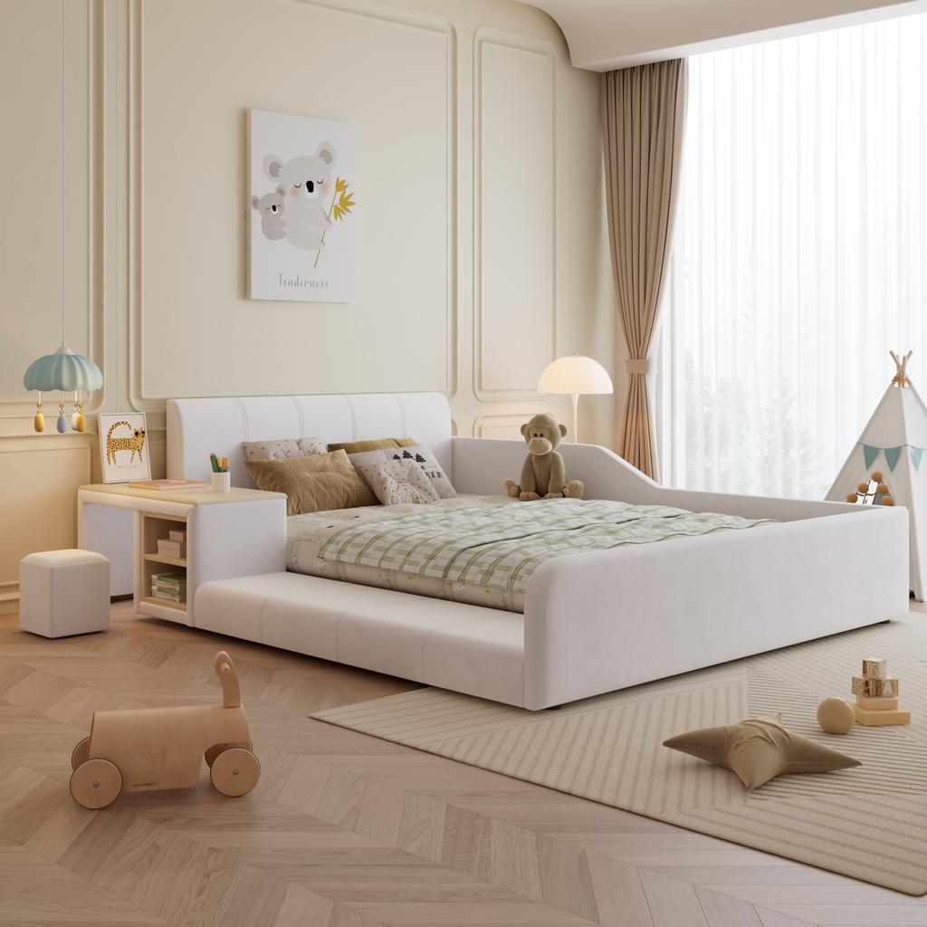 Upholstered Bed with Children's Desk and Stool, With Storage Shelf, Soft Headboard, Children's Bed with Wooden Slats, Velvet, White, 140x200cm