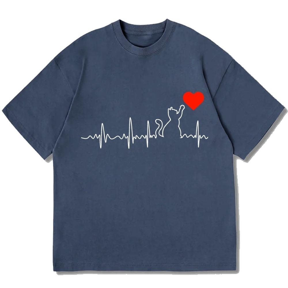 Fashion Cat Heartbeats Printed Cotton casual T-shirt Unisex Short Sleeve Round Neck Valentine's Day Couple Tees Tops