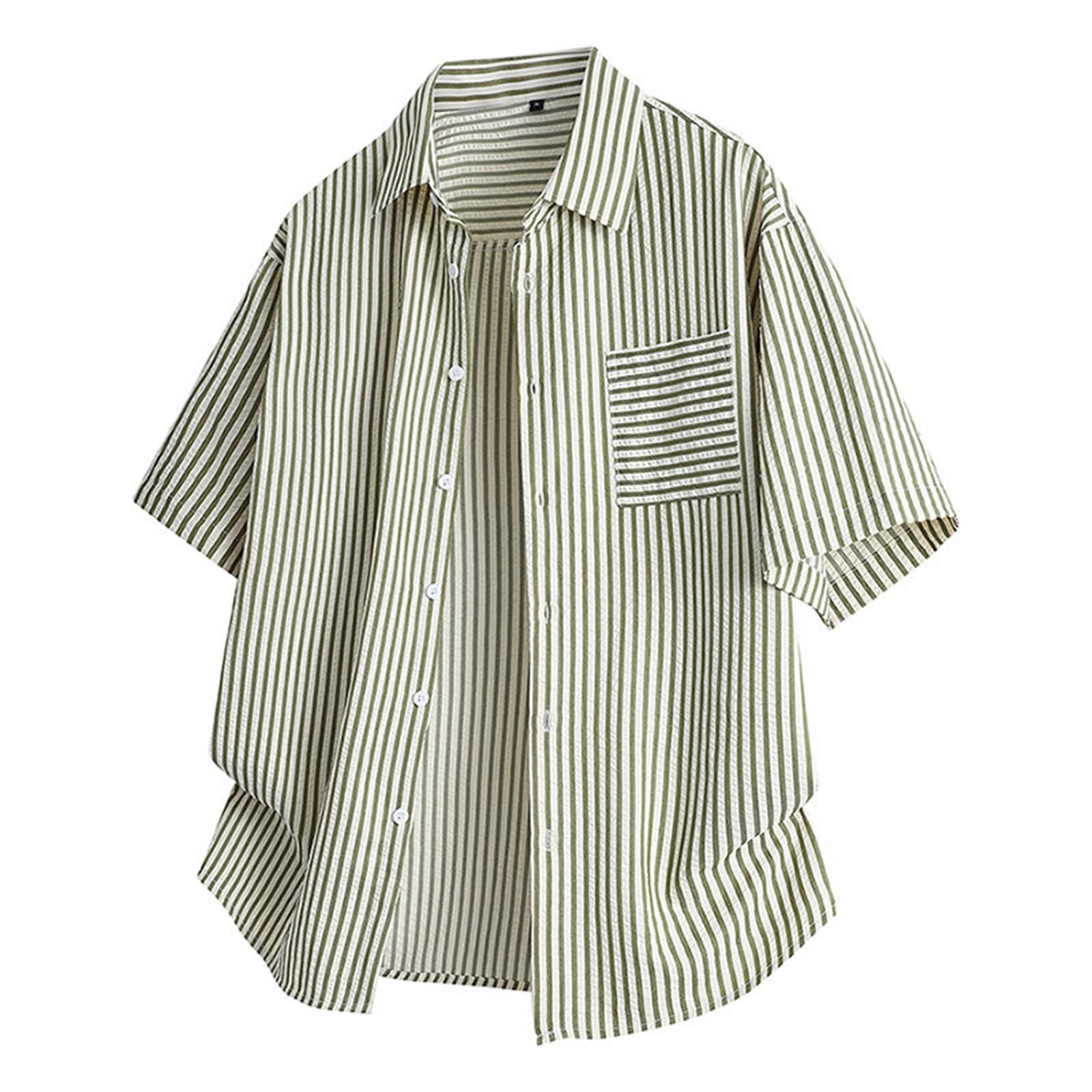 

Мужская летняя рубашка с коротким рукавом в полоску, повседневная рубашка на пуговицах с карманом, топы XL зелёный