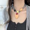 Love Pendant Wood Bead Necklace Multicolor Bohemian Choker Patchwork Cloth Chain Necklace  Gift