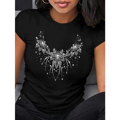 Womens Geometric Print T Shirt Breathable Polyester Casual Sporty Round Neck Short Sleeve Soft Fitted