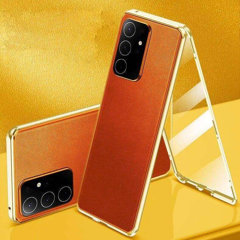 Etui na Samsunga Galaxy S24 S23 S22 Ultra, Aluminiowy Zderzak z Bokami z Hartowanego Szkła i Skórzanym Tyłem, Zderzaki na Telefon