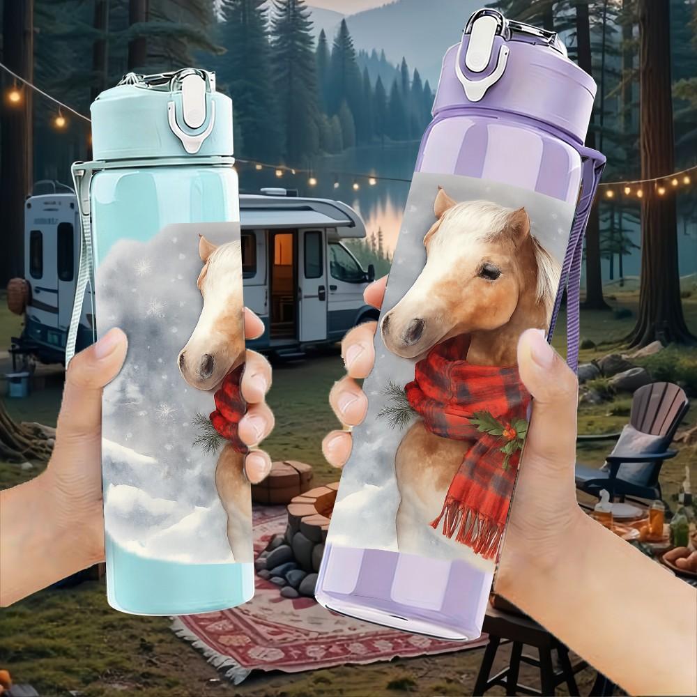 1 Stück Pferd mit Schal Winter-Print 750 ml Farbe Kunststoff Sport-Wasserflasche Auslaufsicher Klappdeckel mit Strohhalm Geeignet für Sport, Büro, Heimgebrauch