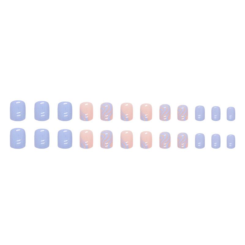 

24pcs Pastel Blue Swirl Short Square Stripe Print Full Cover Fake Nails Kit Press On Nails Nail Art Supplies