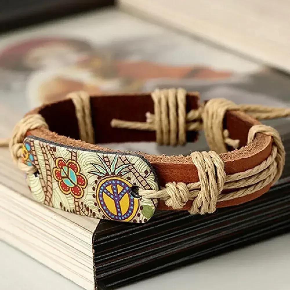 Men Vintage Punk Style Pyrograph Peace Sign Infinity Bangle Bracelet Leather Bracelets Stainless Steel Multilayer Braided Rope