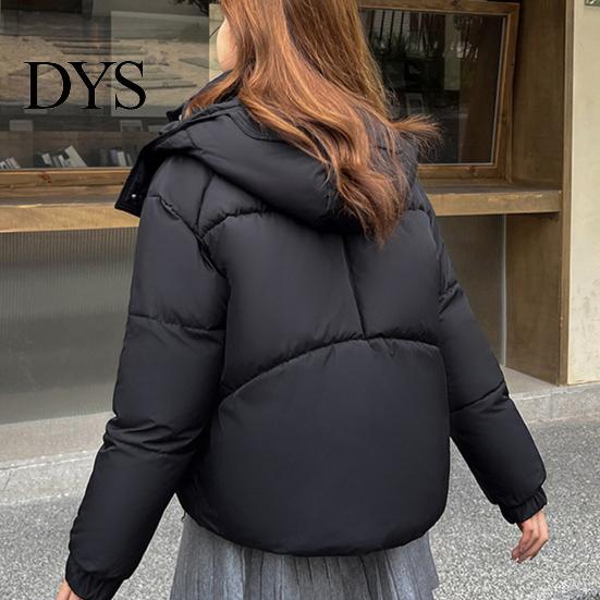 Short Cotton Jacket Winter Women Stand Collar with Hood Neck Protection Type Pockets Zipper Closure Padded Coat Solid Color Windproof Outwear Parka