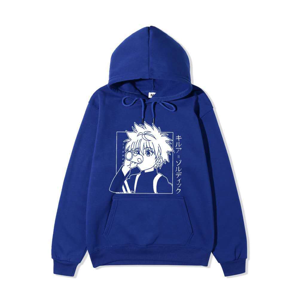 Hunter X Hunter Killua Drink Line Art Hoodie Japanese Text Black Anime Casual Hooded Pullover Sweatshirt