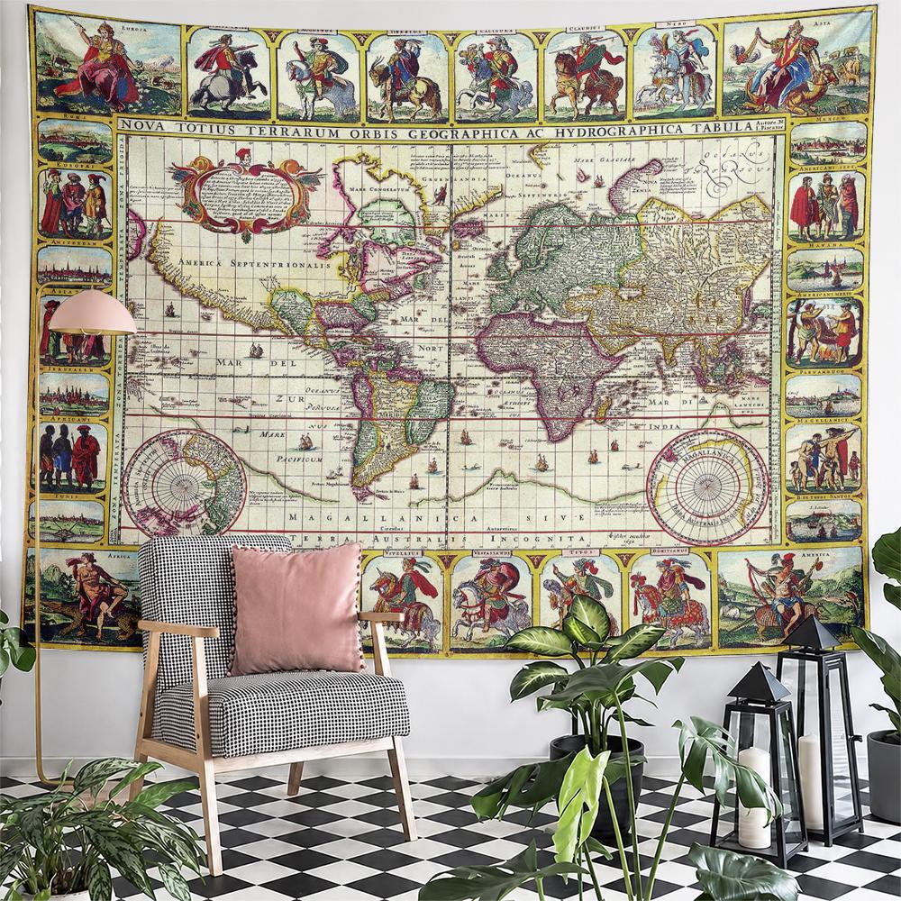 Vintage World Map Tapestry Antique Style Territorial Map Art Patterned Tapestry for bedroom and living room home decor sofas