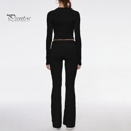 2 Pcs/Set Women Top Pants Suit Skinny High Waist O Neck Long Sleeves Pure Color Stretchy Soft Breathable Yoga Bell Bottoms T-shirt Set Spring Summer