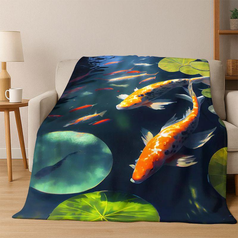 GOOD LUCK Koi Fish Yin Yang Carp Cartoon Flannel Blanket Soft Warm Throw Blanket for Bedroom Living Room Bed Travel Picnic Gift 75x90cm