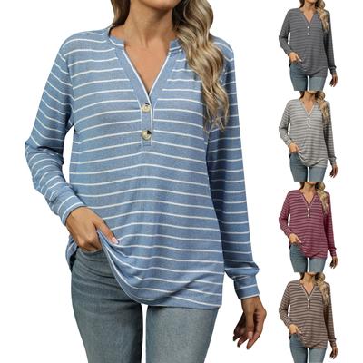 Damen Lässig Gestreift Kontrastfarben Knopf Locker Langarm T-Shirt