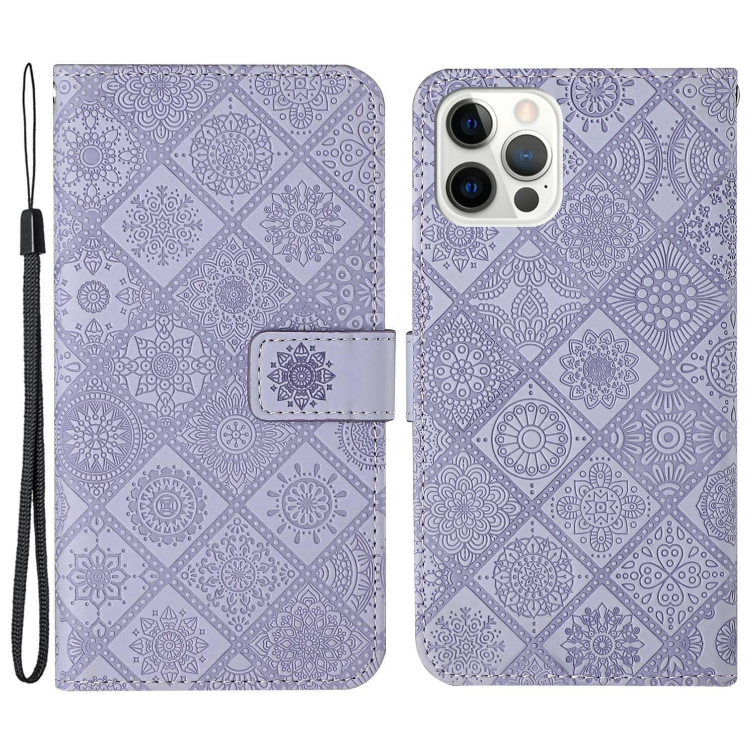 

For iPhone 16 Pro Max Leather Case Ethnic Style Phone Wallet Cover with Strap Purple
