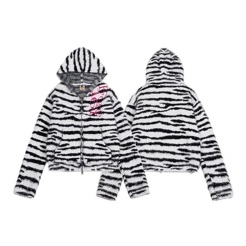 Oreeta Zebra Striped Faux Mink Hoodie Loose Fit Streetwear Teens