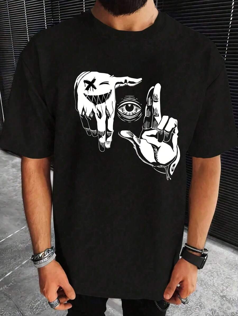 

Unisex s Short-Sleeved Crewneck T-Shirt, Casual Top With Creative Gesture Print, Summer T-Shirt S