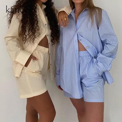 Loung Wear Tracksuit Women Shorts Set Stripe Long Sleeve Shirt Tops And Loose High Waisted Mini Shorts Two Piece Set
