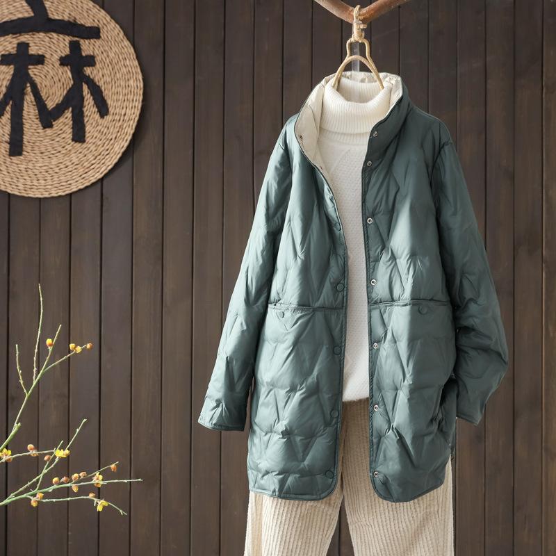 Wear Down Jackets On Both Sides, Women's Medium and Long Winter New Fashion Stand-up Collar, Pressed Glue White Duck Down, Light and Thin Coat Tide