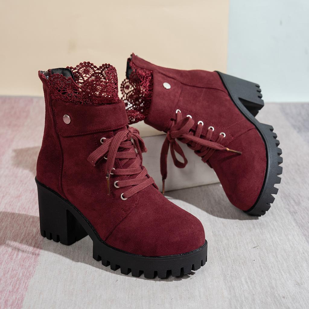 Sexy Lace Patchwork Thick Bottom High Heel Ankle Boots Chunky Platform Thick Heel Suede Short Boots Retro Wine Red Women's Shoes