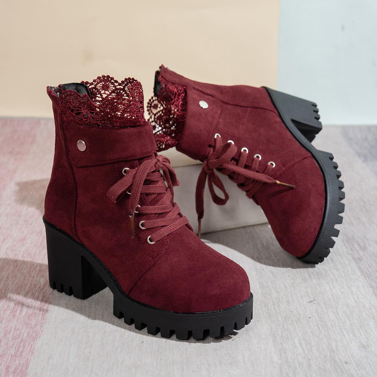 

Fashion Sexy Lace Patchwork Thick Bottom High Heel Ankle Boots Chunky Platform Thick Heel Suede Short Boots Retro Wine Red Women s Shoes 43