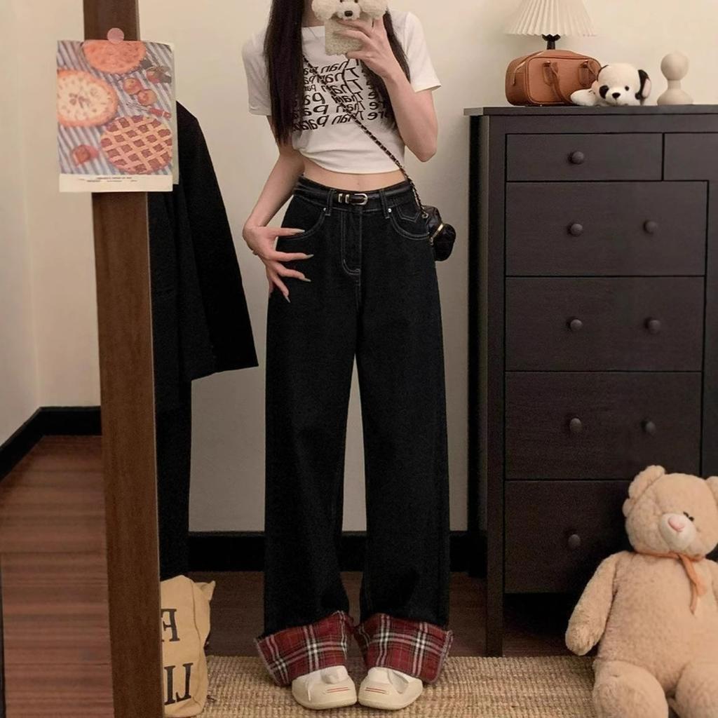 Pear-shaped Grid Splicing Jeans Women's Dark Blue and Red Loose Large Size Trailing To Cover The Meat of The Wide-legged Long Trousers Denim Pants