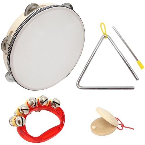 

Silver & Style Percussion Set for Kids, Castanets, Tambourine, Handbells, Triangle Bells, and More (4-Piece Set for Elementary School Students)