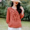Women S Ramie Shirt 3 4 Sleeve V Neck Embroidered Elegant Top