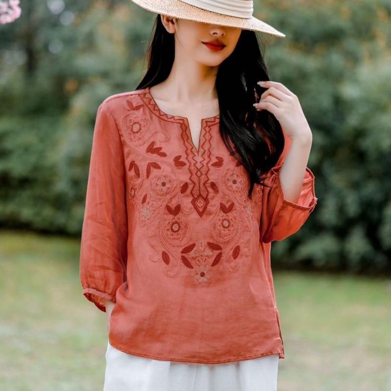 Women S Ramie Shirt 3 4 Sleeve V Neck Embroidered Elegant Top