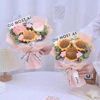 Girasol Crochet Ramo Tejido a Mano Flores Artificiales Ramo Flor de Graduación con Bolsa de Embalaje Regalo de Boda para Invitados