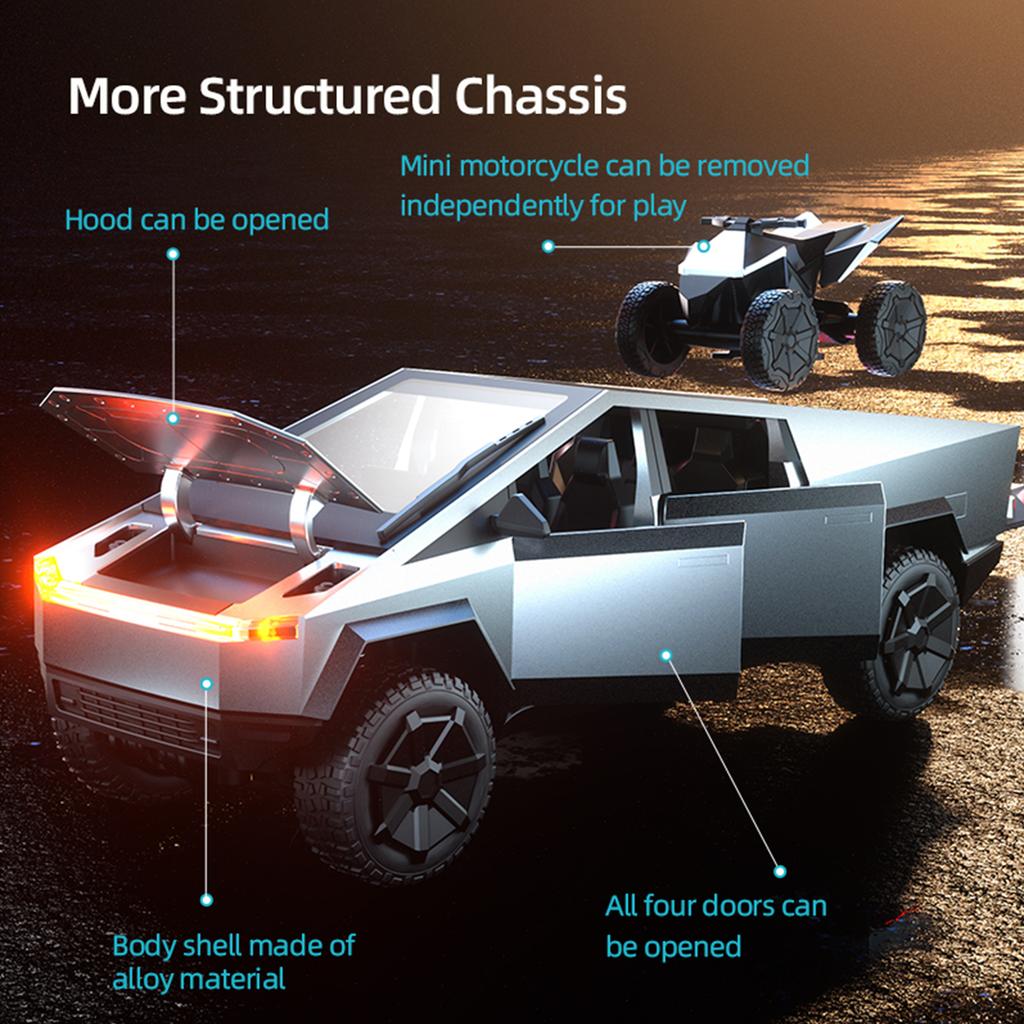 Cyber Truck Toy, 2.4GHz Remote Control Alloy Vehicle with Motorcycle and LED Lights, Model Pickup Tr