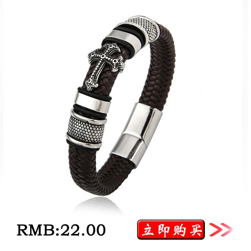 Stainless Steel Cross Pendant Leather Braided Layered Bracelet Men Geometric Design Ins Style Adjustable Length