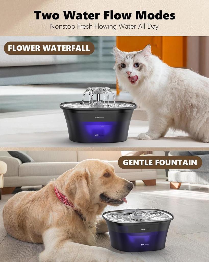 2.5L Stainless Steel Pet Water Fountain with LED Light & Flower Spout