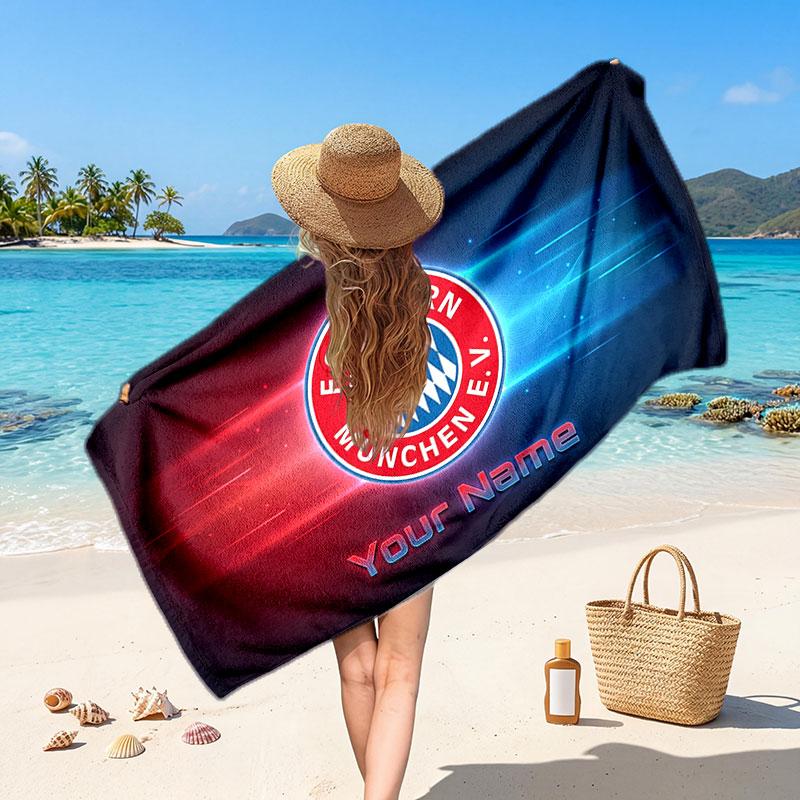 Bayern Munich Custom Beach Towel, Personalized Name Text Print, Football Logo Soft Quick‑Dry Towel Holiday Gift