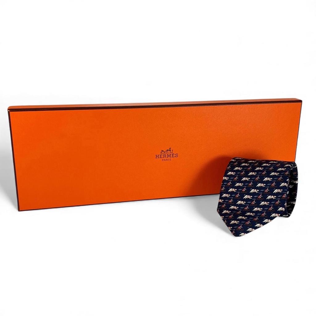 Excellent HERMES Tie Riding Pattern Navy Blue Silk Mens 5658 EA Used