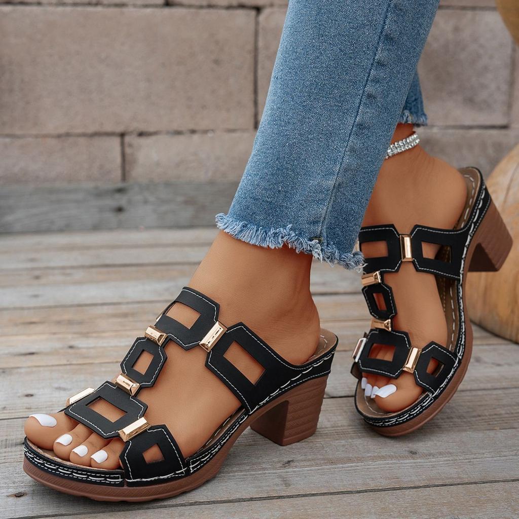 Sandalias con tacón de bloque para mujer, elegantes tacones sin cordones para salir y uso informal en verano