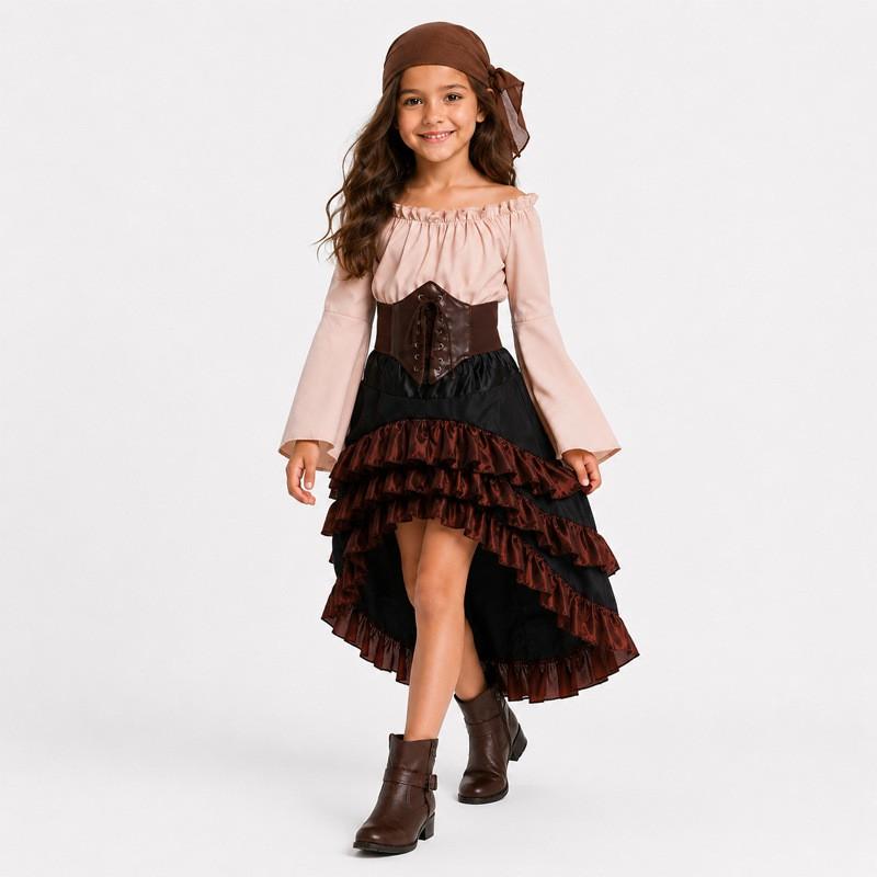 Halloween Costume Dress Girls Vintage Asymmetrical Hem High Waist Ruffle Skirt Pirate Theme Stage Outfit