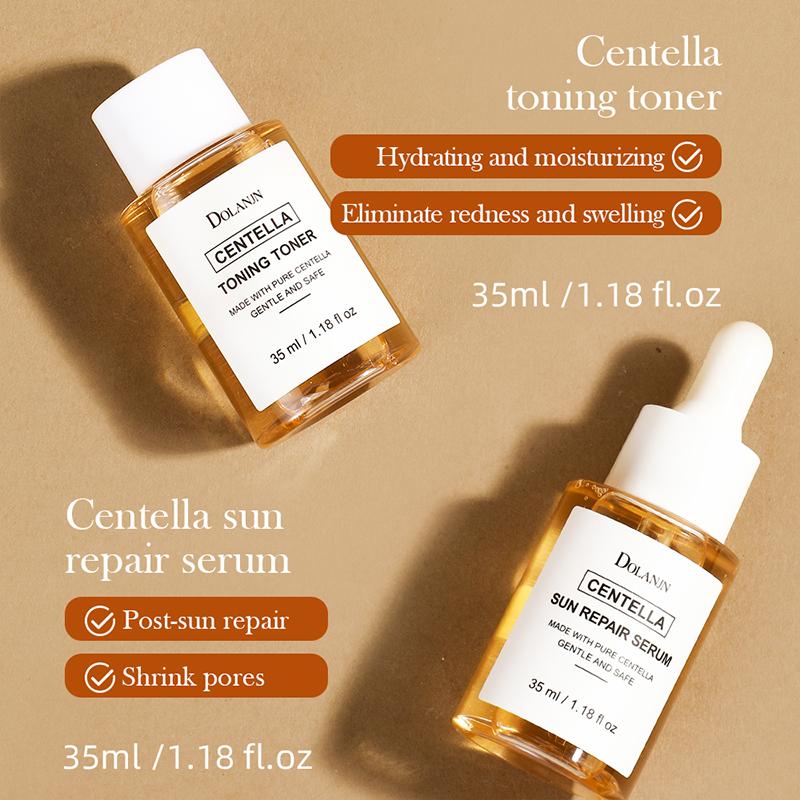 DOLANJN 5-teiliges Hautpflege-Set Centellasun: Sonnenschutz-Reparaturserum, Tonisierendes Gesichtswasser, Asiatica Reinigungsöl, Akne-Reinigungsschaum & Beruhigende Creme