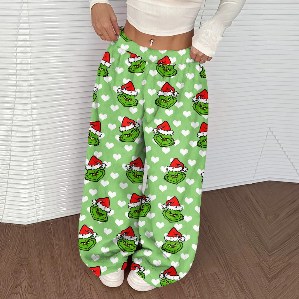 Women's Casual Christmas Print Elastic Waist Loose Fit With Plush Wide Leg Pants