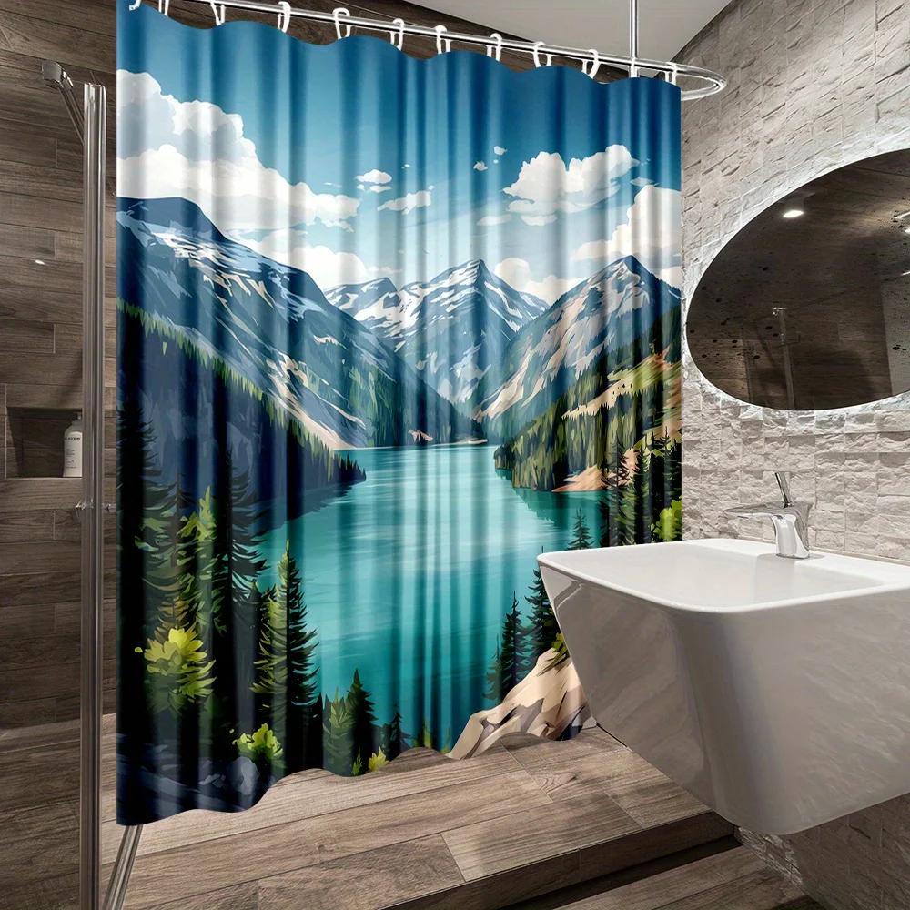 1Pc Scenic Mountain Lake View Shower Curtain For Relaxing Ambiance With Bathroom Decor Polyester Fabric Includes 12 Hooks