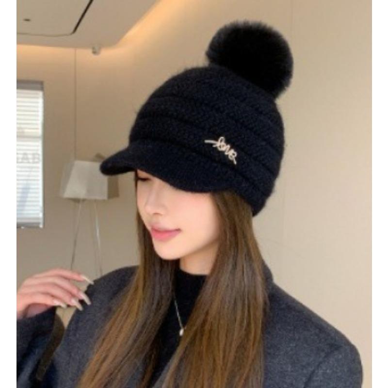 

Двухслойная толстая вязаная бейсболка из меха кролика со стрелой для женщин, теплая шерстяная кепка с шариками и пряжей для зимнего отдыха One size чёрный